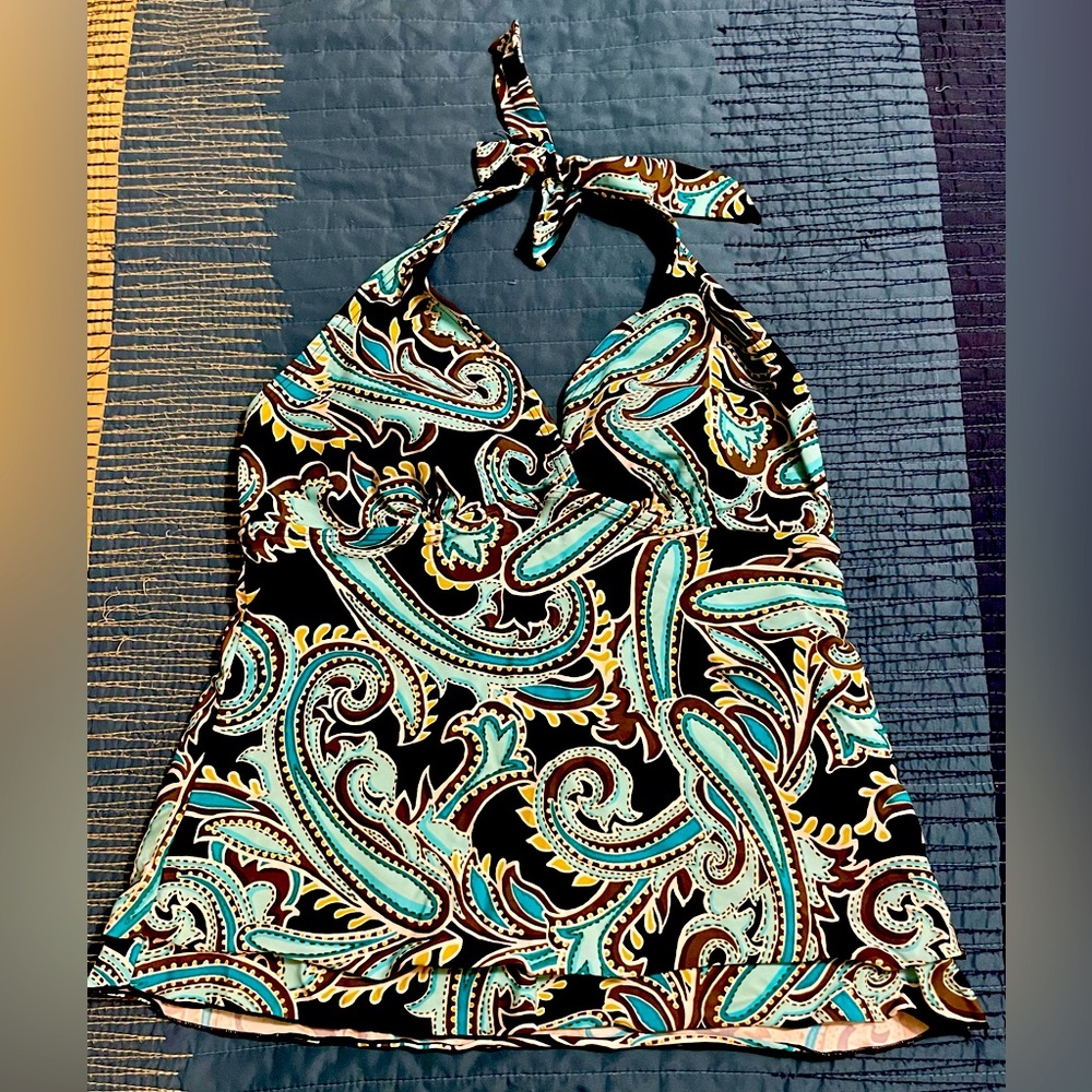 Halter swim top in cool paisley teals